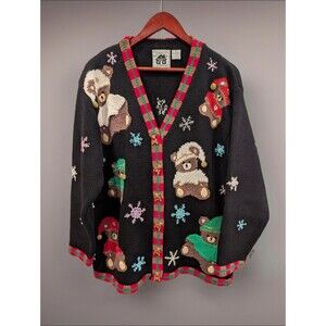 Women's Handknits by Storybook Knits Christmas Teddy Bears Cardigan Sweater 1X